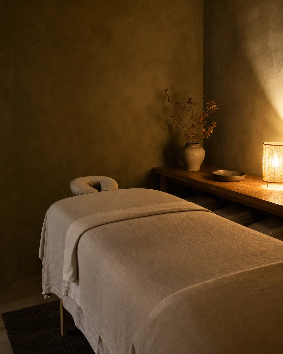 A prepared massage table in a quiet windowless studio with warm lamplight