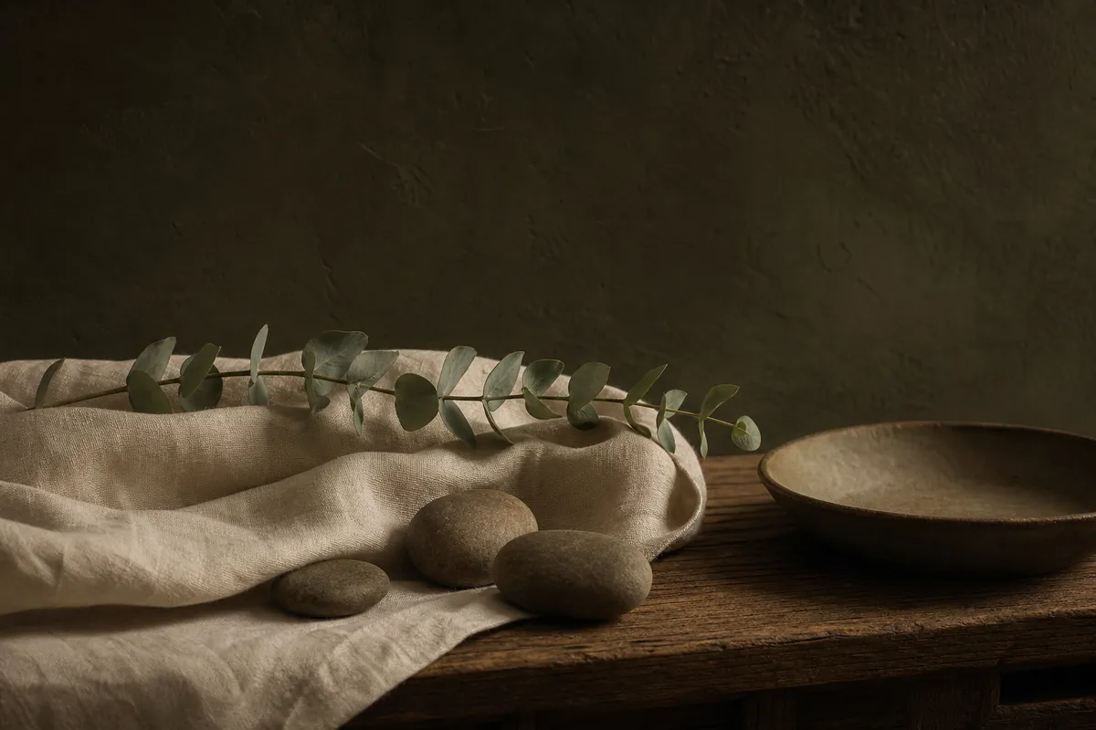 Soft linen, river stones, eucalyptus, and a ceramic bowl
