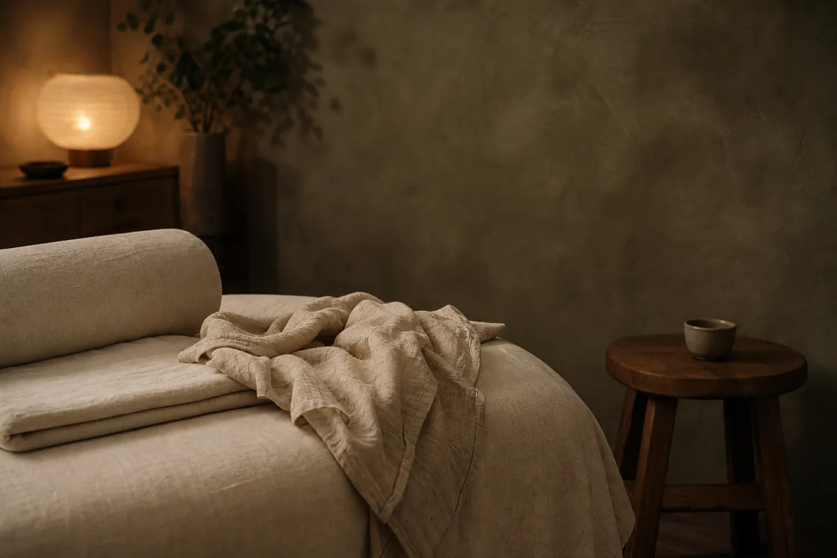 Bone-colored linens arranged on a massage table in warm lamplight