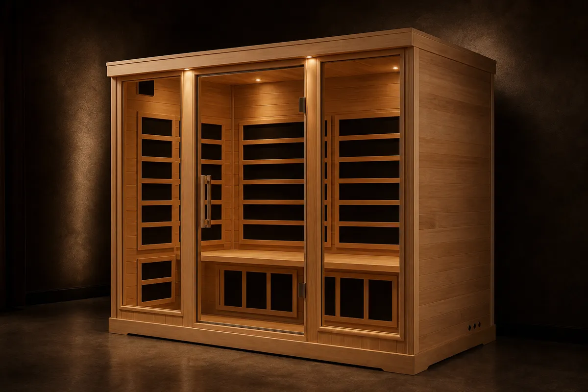 Wide glass-front far infrared sauna in warm low light