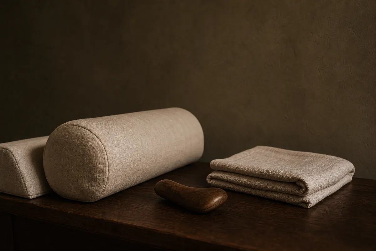Cream positioning bolsters, folded linens, and a smooth wooden massage tool in warm light