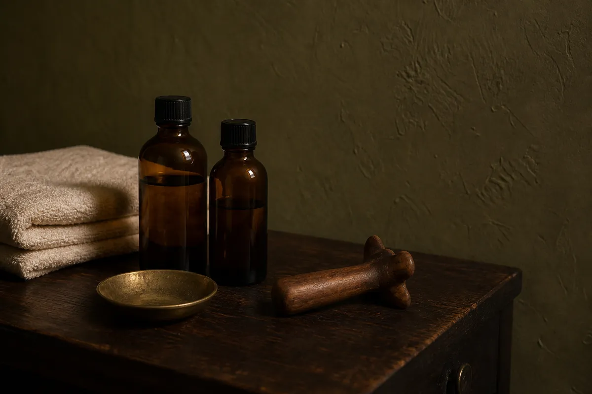 Amber massage-oil bottles, folded towels, and a wooden massage tool